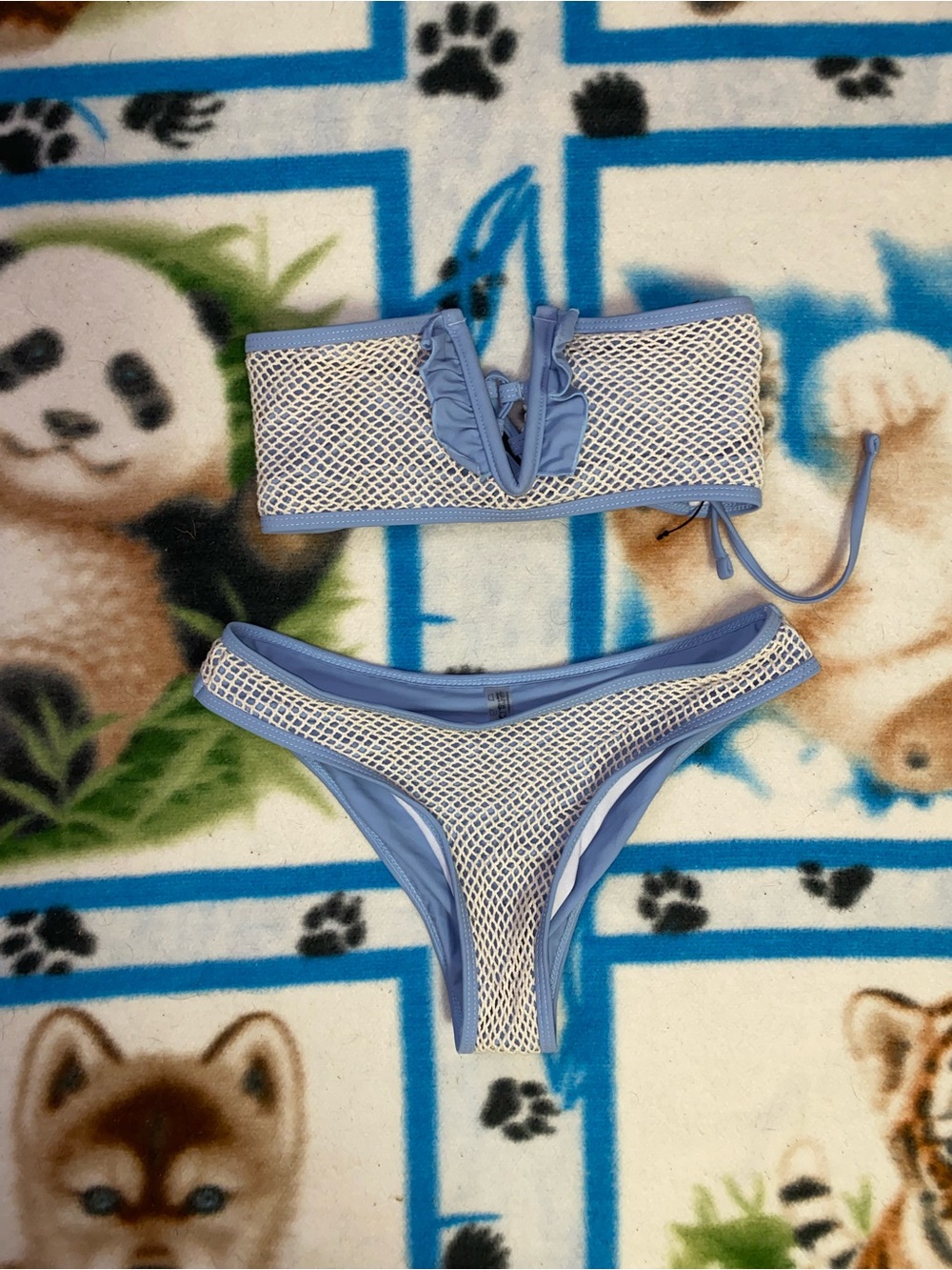 Zaful Light Blue and White Mesh Ruffle Bandeau Bikini